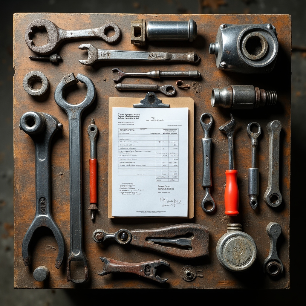Auto repair shop with tools and equipment spread across a workbench, overhead view