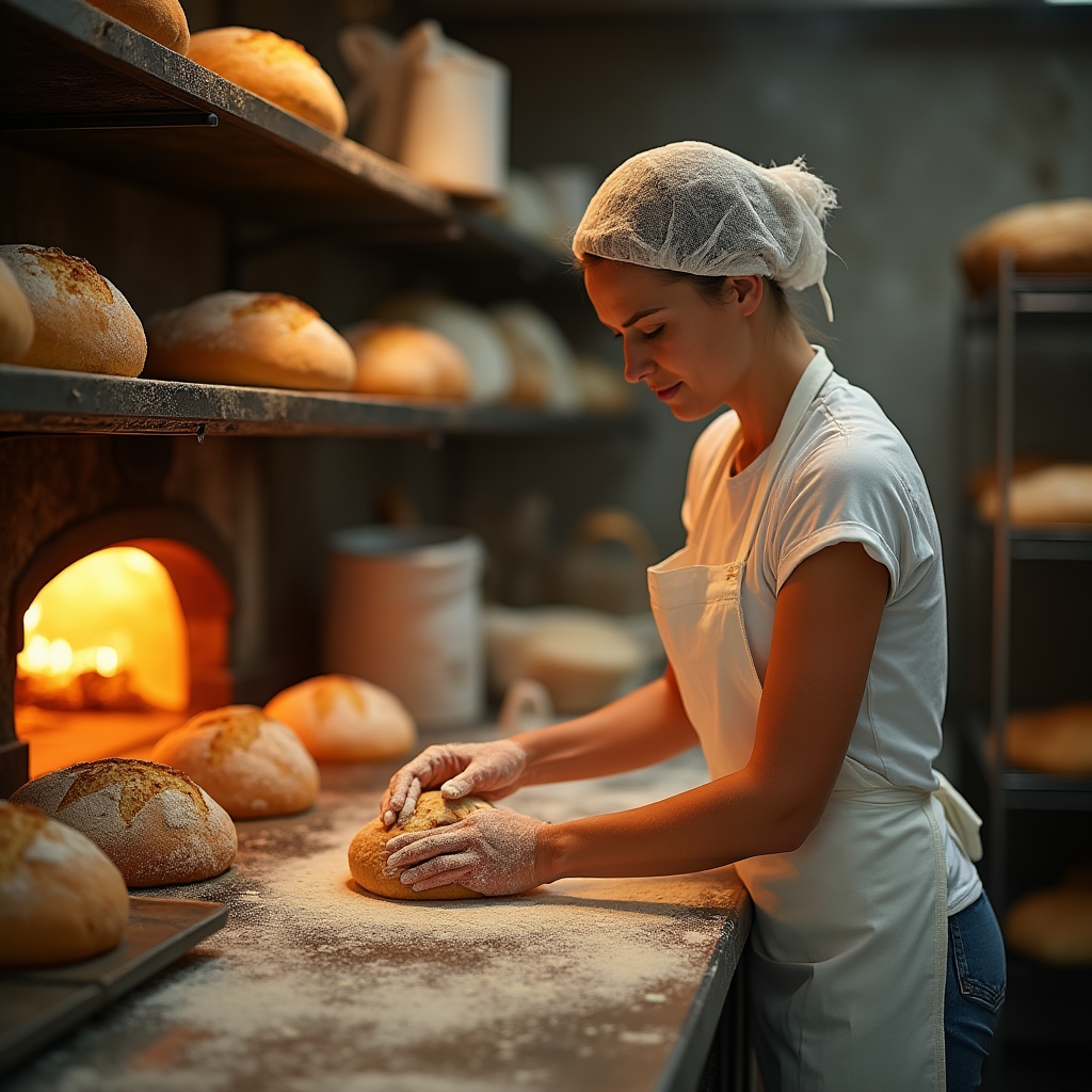 Baker preparing bread in early morning bakery production