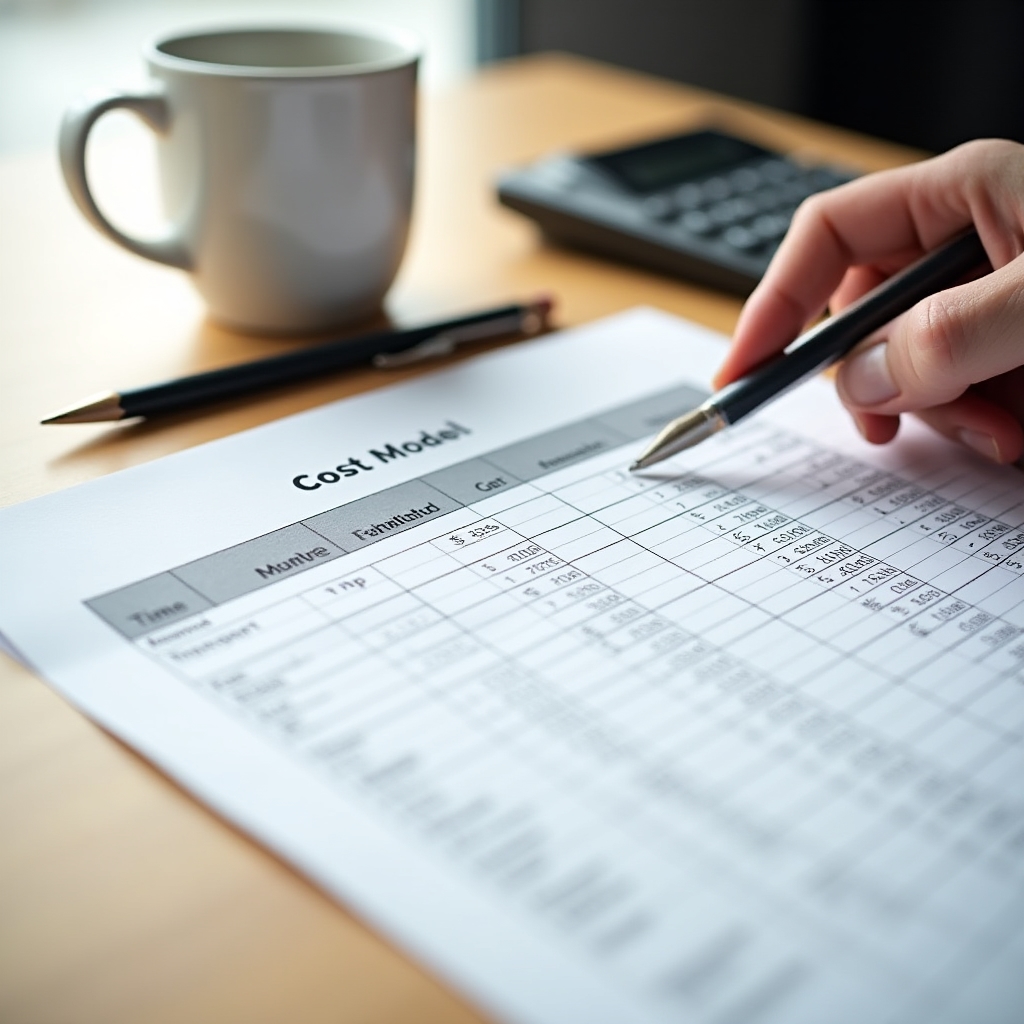 Finished cost model document on a desk showing clear cost breakdown per product