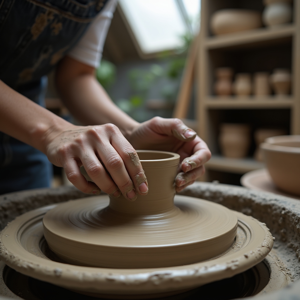 Craft maker working on handmade items in a small studio with natural light