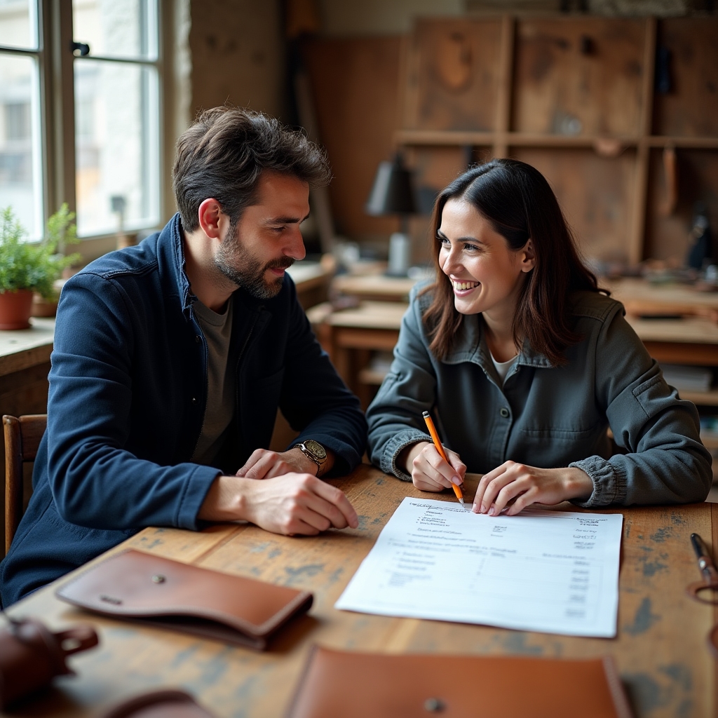 Consultant and craft workshop owner reviewing handwritten cost notes together at a workbench