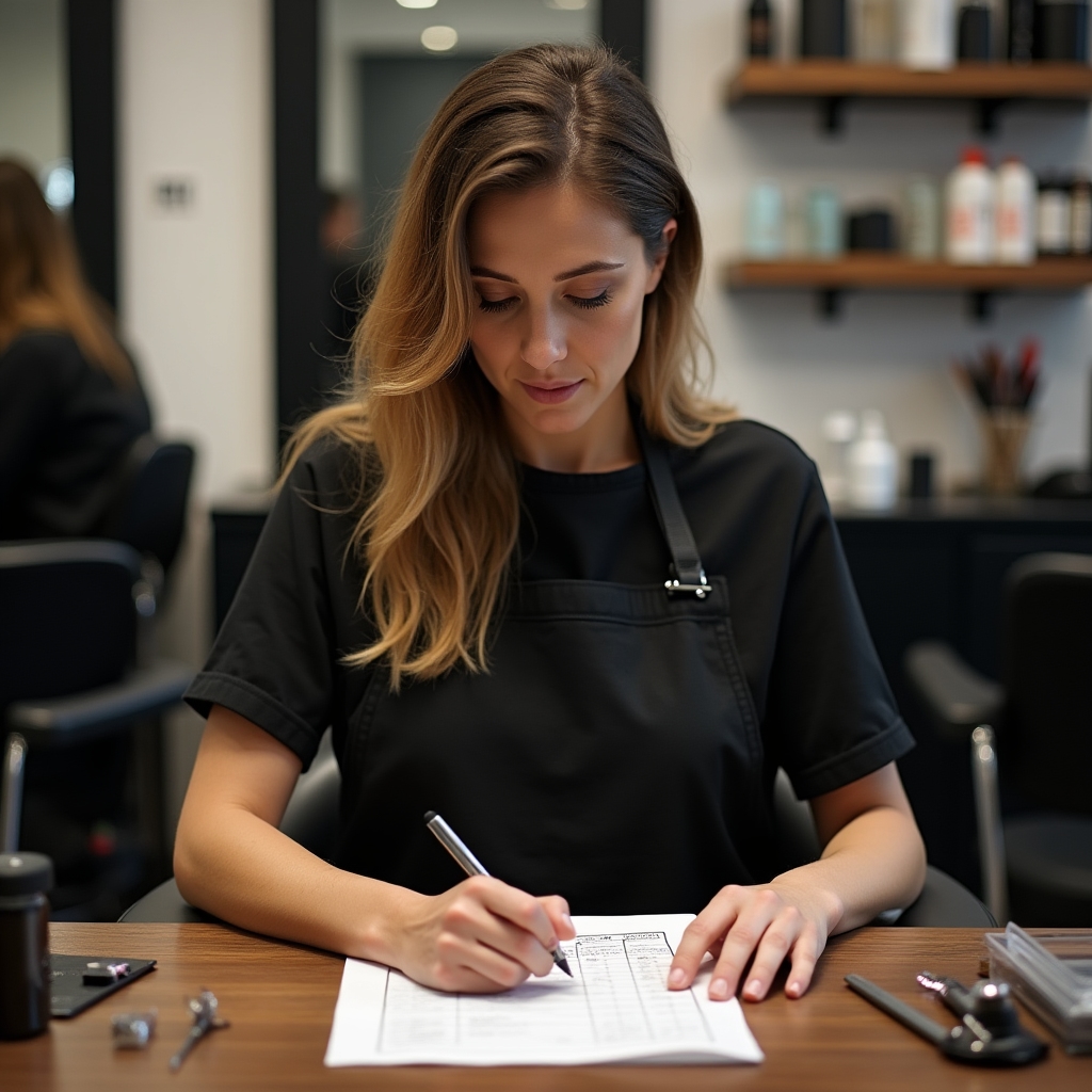 Hairdresser reviewing service costs in a salon