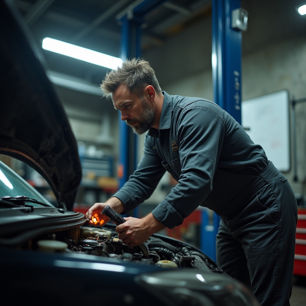 Mechanic inspecting a vehicle engine in a small independent auto repair workshop