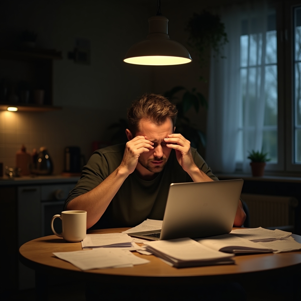 Sole trader doing paperwork alone in the evening after a long day of work